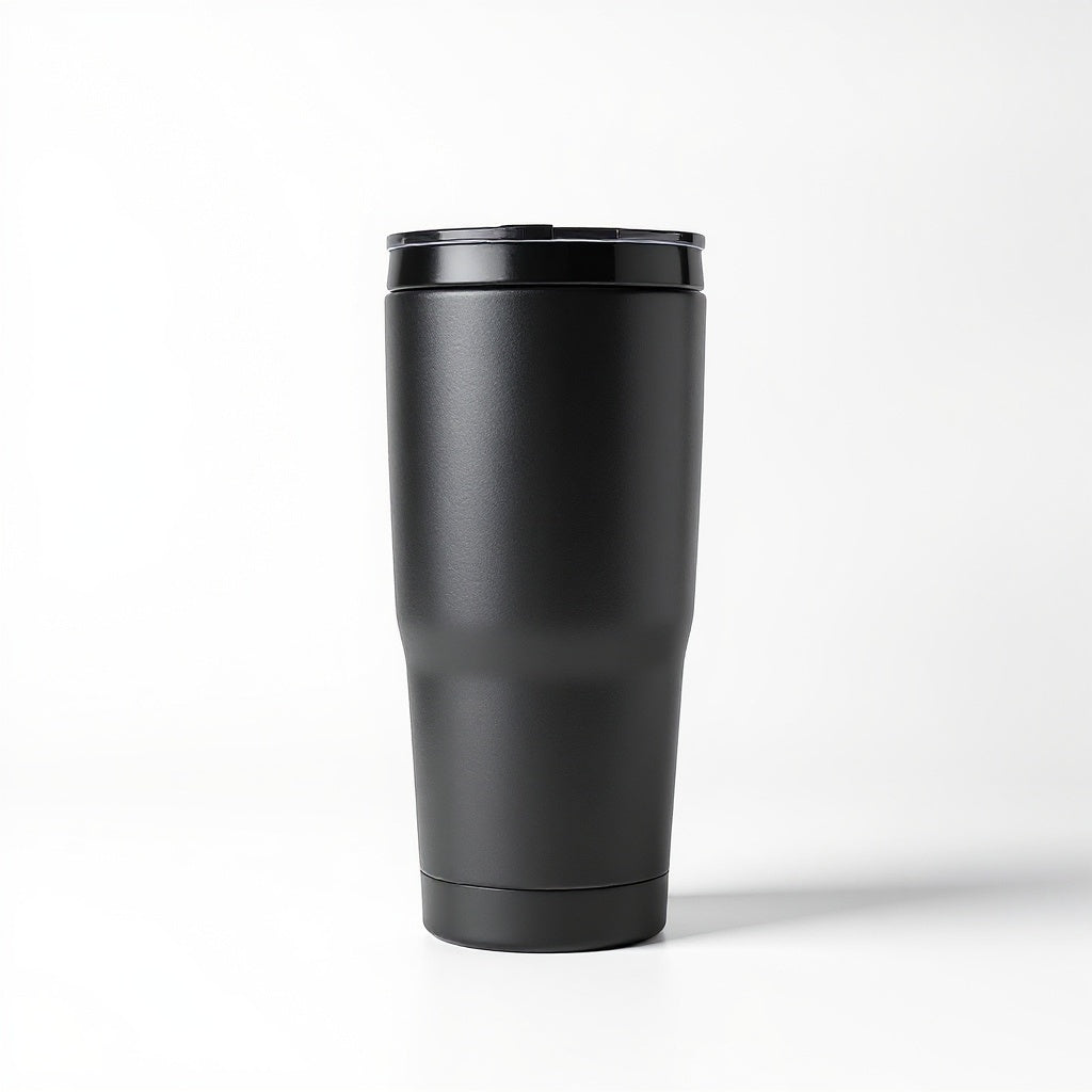 Stainless steel tumbler from alternative angle showing side profile and engraving details