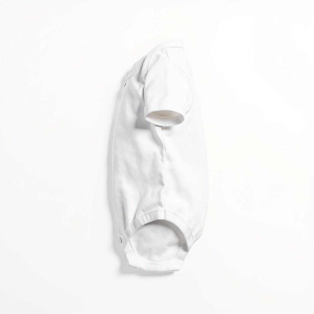 100% Cotton Baby Onesie from alternative angle showing side profile and snap closures