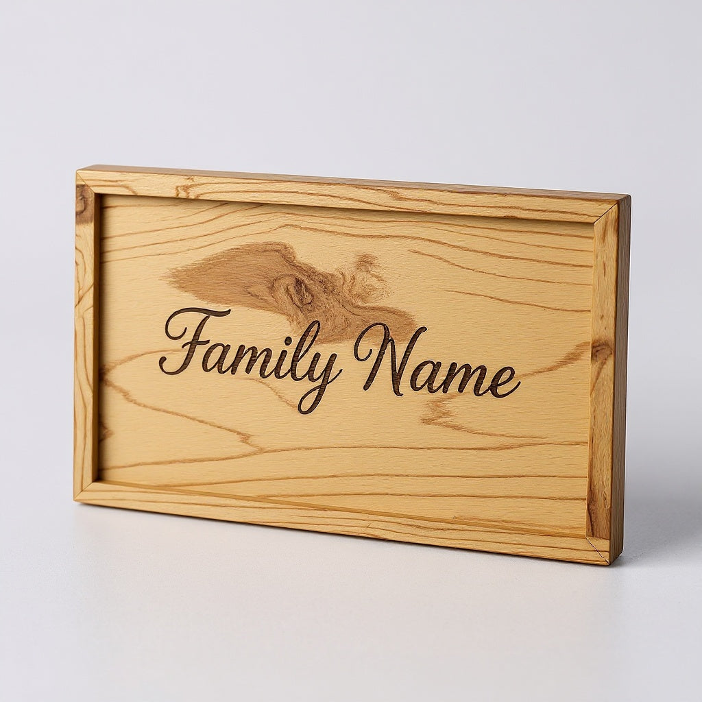 Wood Family Name Sign from alternative angle showing side profile and engraving details