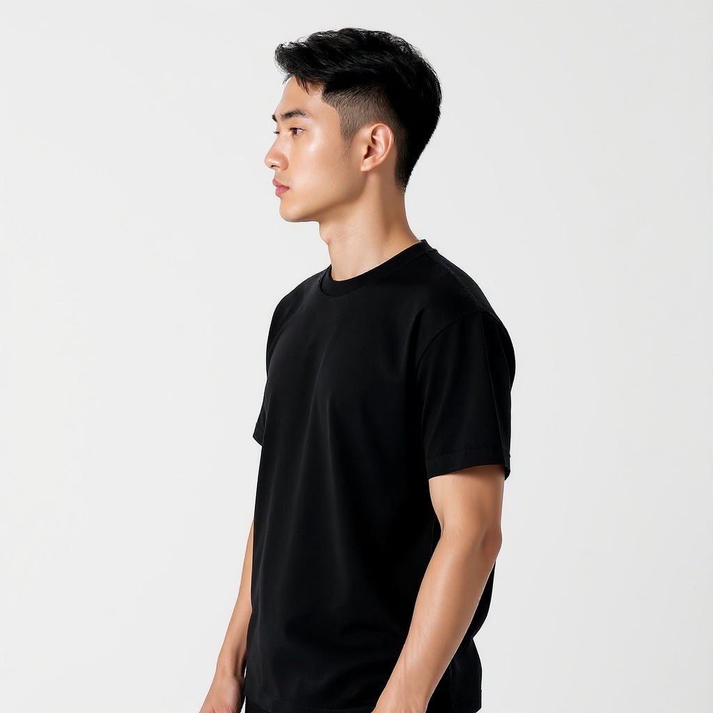 Unisex cotton t-shirt from alternative angle showing side seam and modern fit