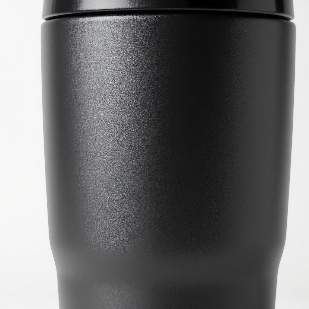 Close-up of engraved stainless steel surface on tumbler, macro texture shot