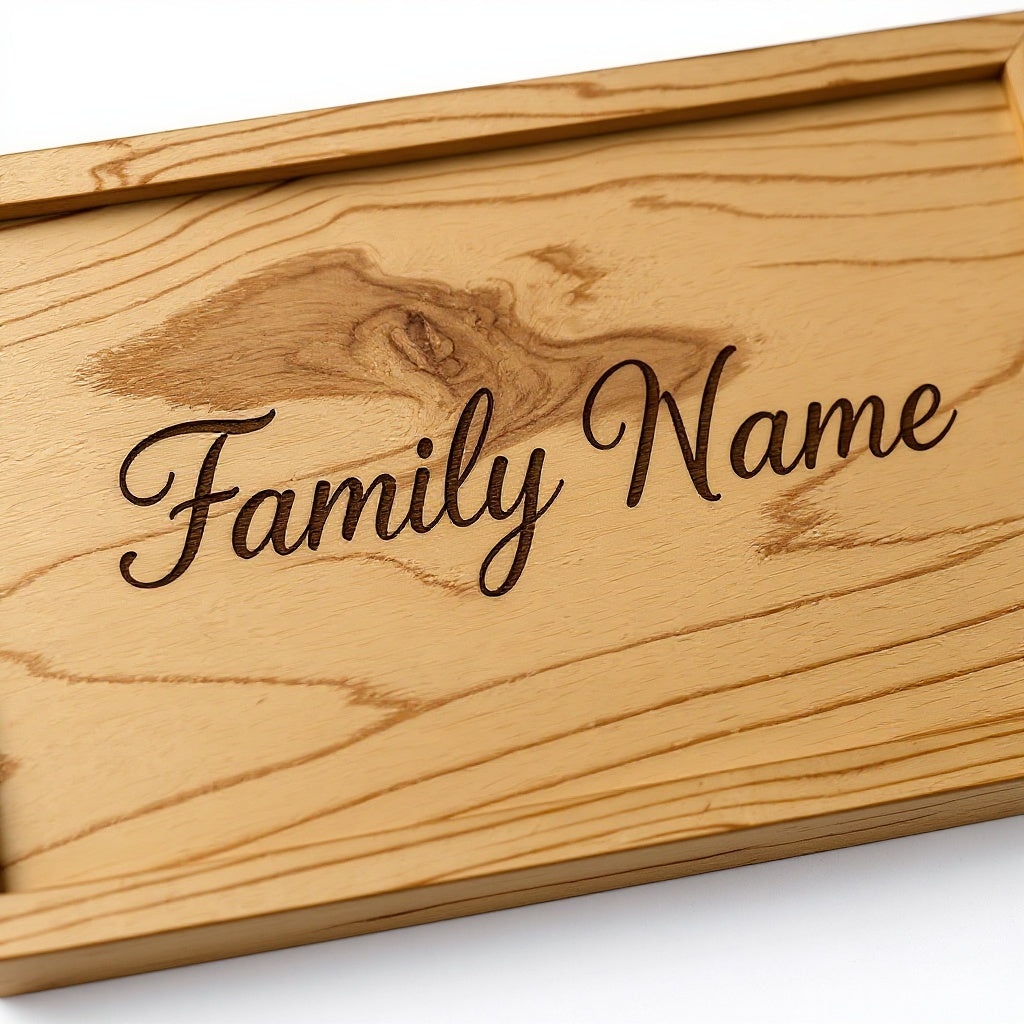 Close-up of engraved wood texture on Wood Family Name Sign, macro texture shot