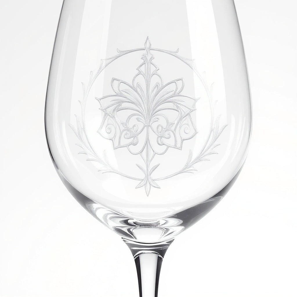 Close-up of laser engraving on Lead-Free Crystal Wine Glass Set, macro texture shot