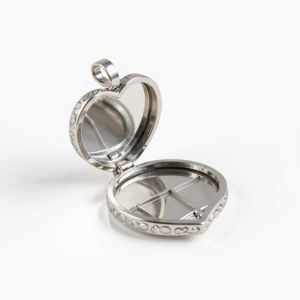 Close-up of engraved heart detailing on sterling silver locket, macro texture shot