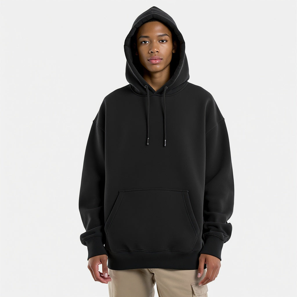 Hero shot of unisex cotton blend hoodie on white studio background, full product visible