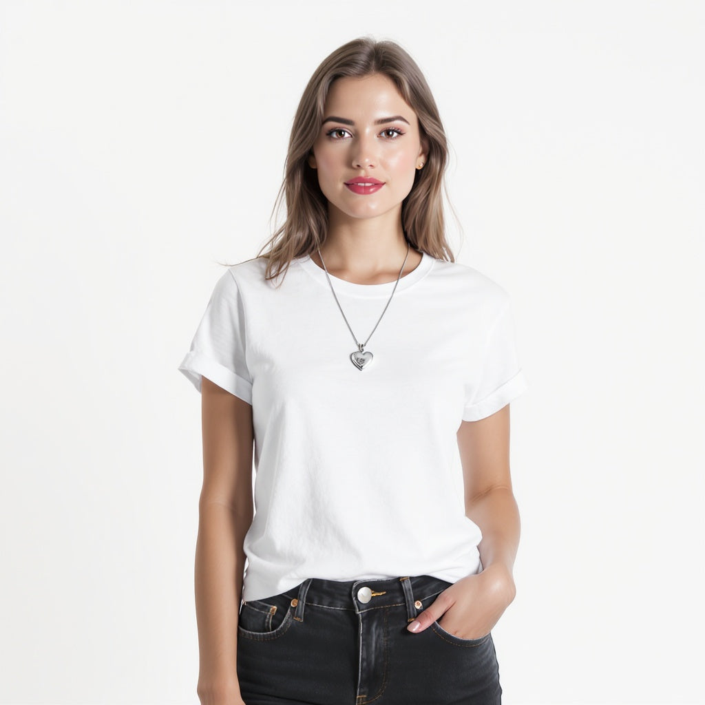 Hero shot of sterling silver photo locket on white studio background, full product visible