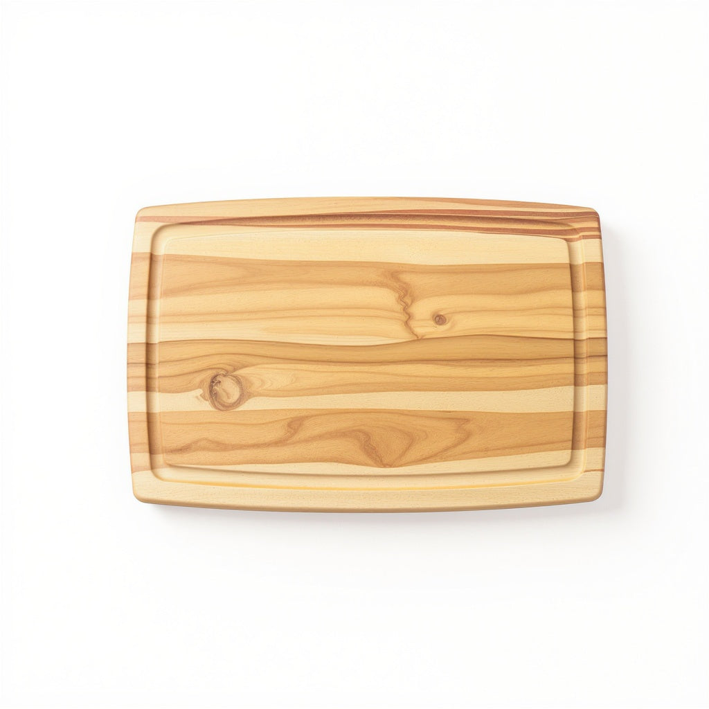 Hero shot of maple wood cutting board on white studio background, full product visible