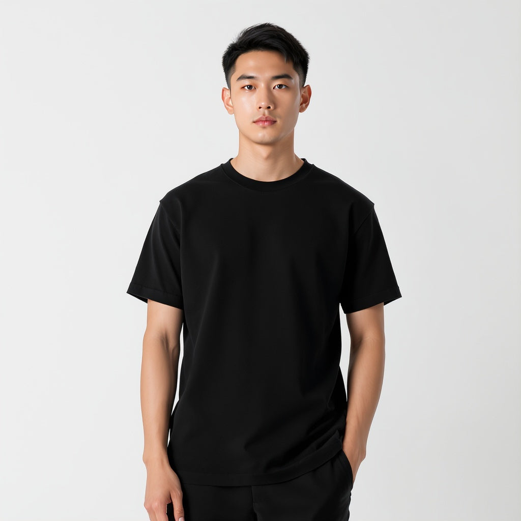 Hero shot of unisex cotton t-shirt on white studio background, full product visible