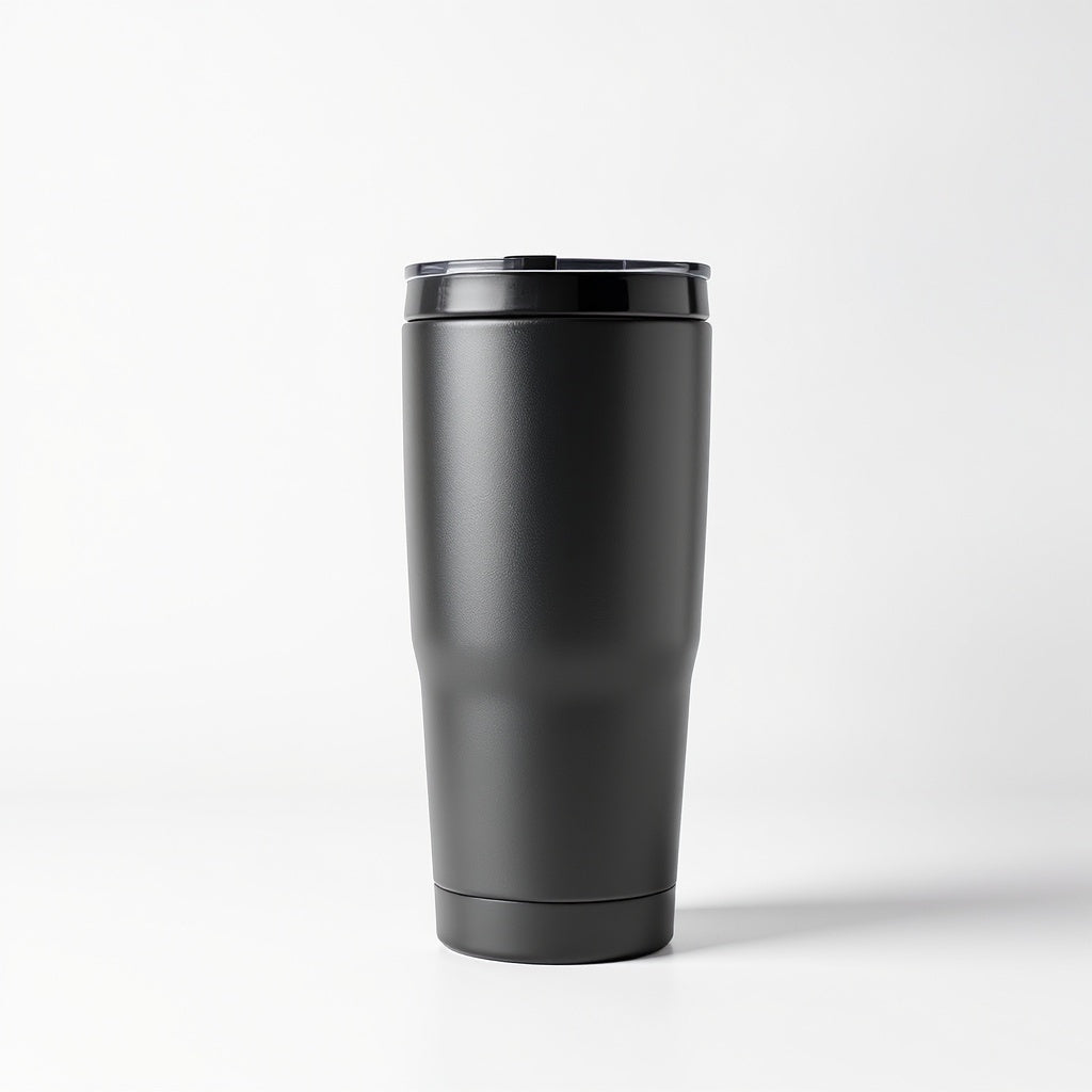 Hero shot of black stainless steel tumbler on white studio background, full product visible