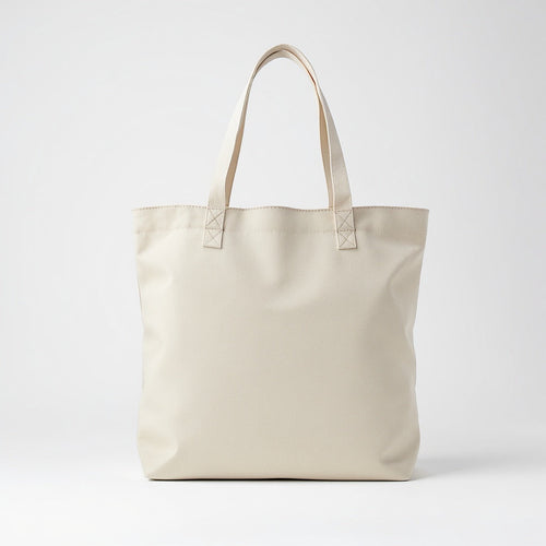 Hero shot of canvas tote bag on white studio background, full product visible