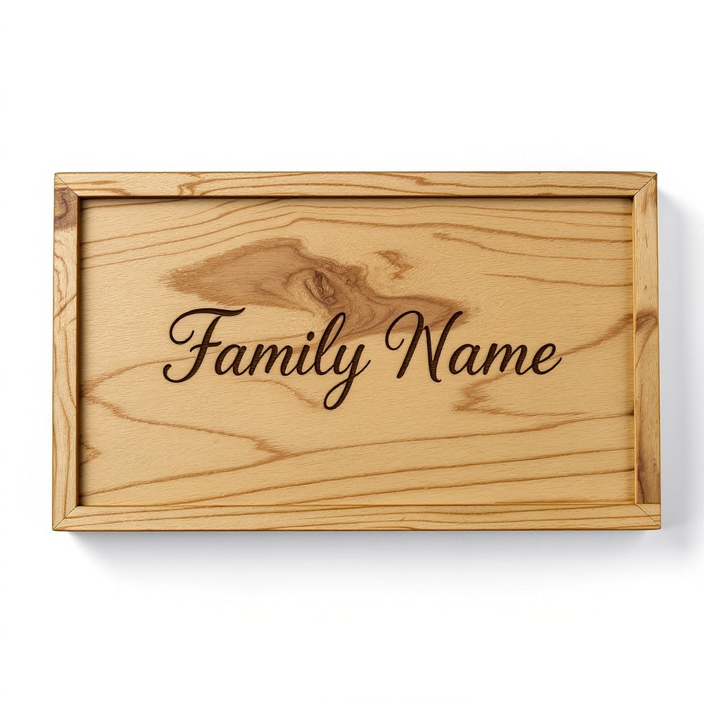 Hero shot of Wood Family Name Sign on white studio background, full product visible