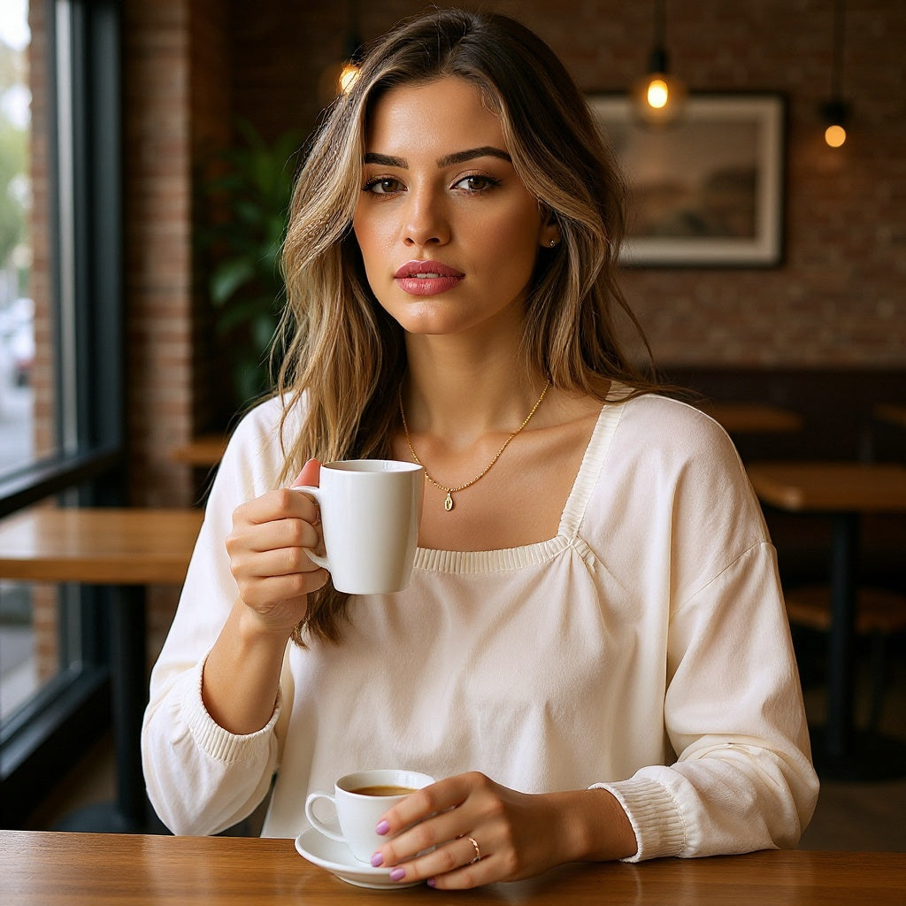 Gold-Filled Name Necklace in a casual outdoor setting, person wearing it, natural lighting