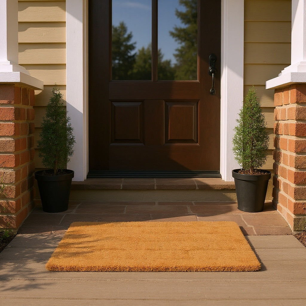 Coir Welcome Doormat at front door entrance, welcoming guests, natural lighting