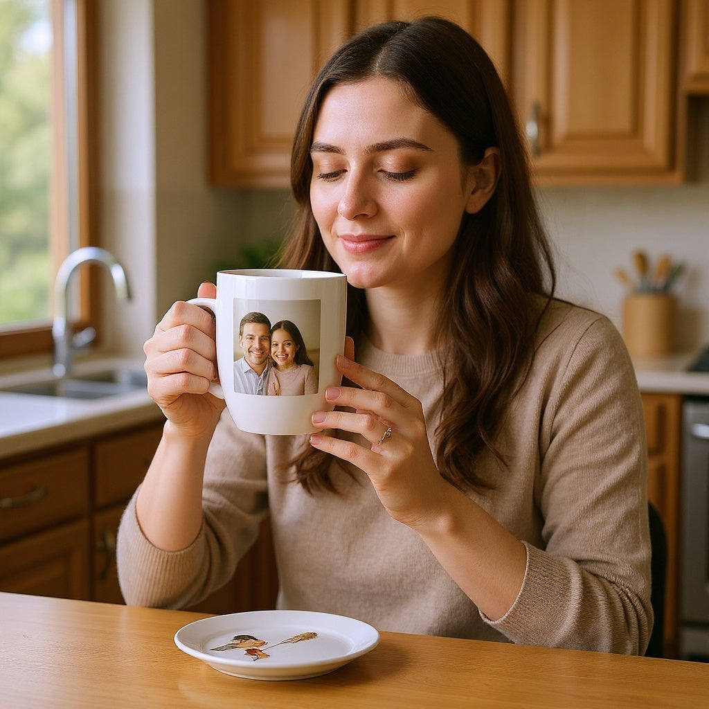 Ceramic Photo Mug in a cozy kitchen setting, sipping coffee, natural lighting