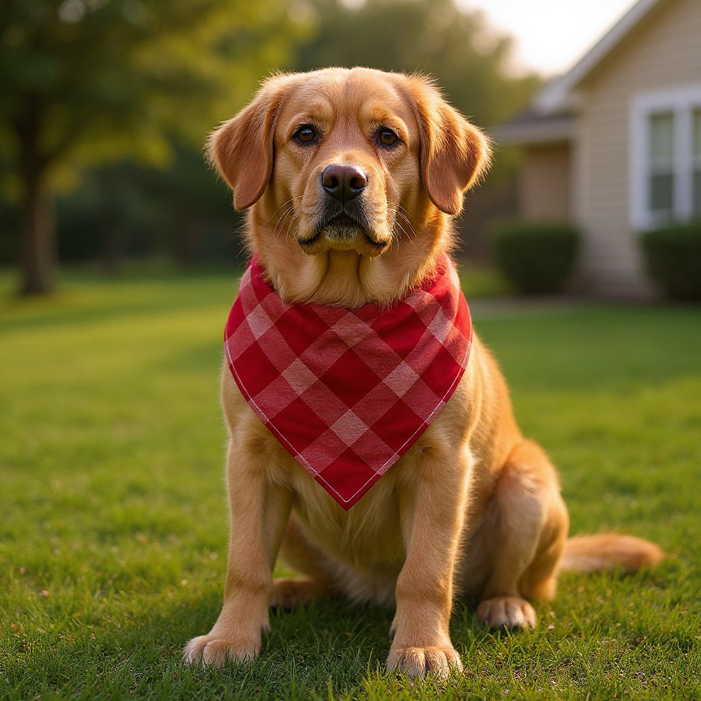 Soft Cotton Dog Bandana on a happy golden retriever in a park setting, natural lighting