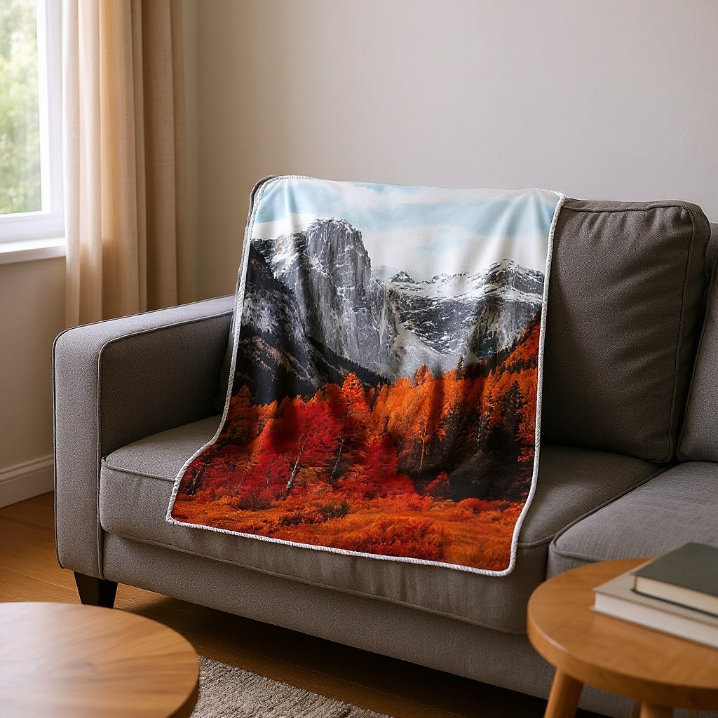 Fleece Photo Blanket in a cozy living room setting, draped over a couch, natural lighting