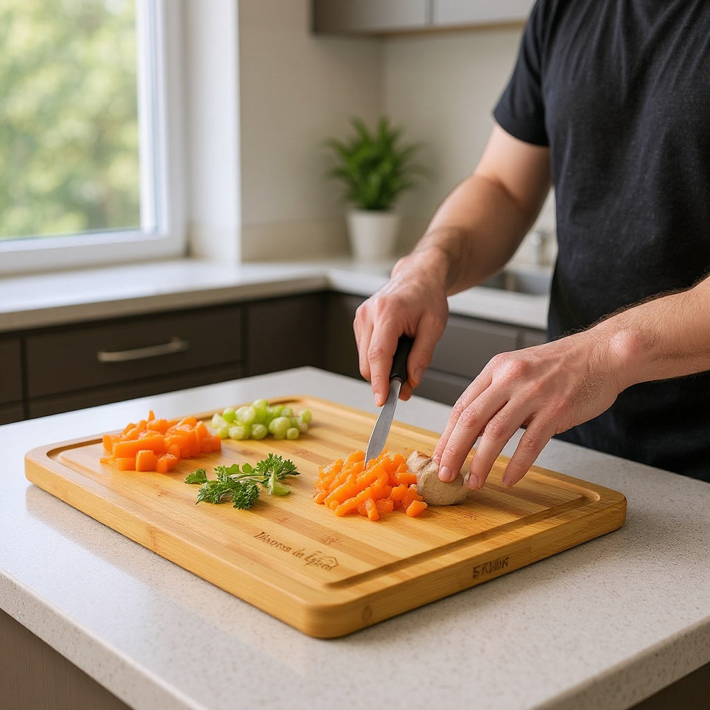Bamboo Cutting Board in kitchen setting, chopping vegetables, natural lighting