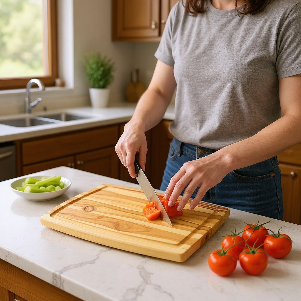 Maple wood cutting board in kitchen setting, chopping fresh vegetables, natural lighting