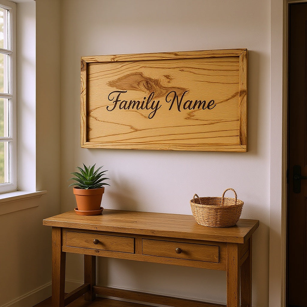 Wood Family Name Sign in a cozy living room, mounted on the wall, natural lighting