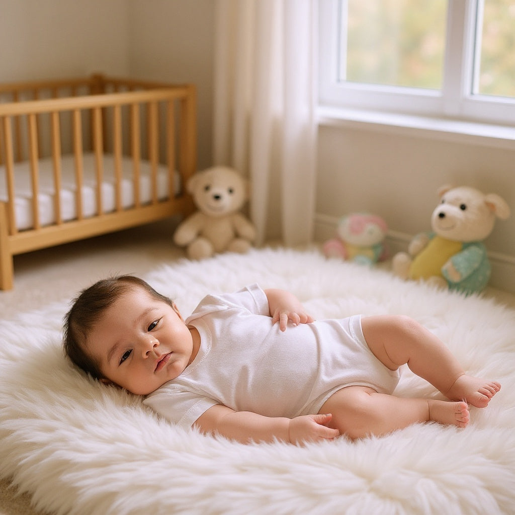 100% Cotton Baby Onesie in nursery, baby wearing during playtime, natural lighting