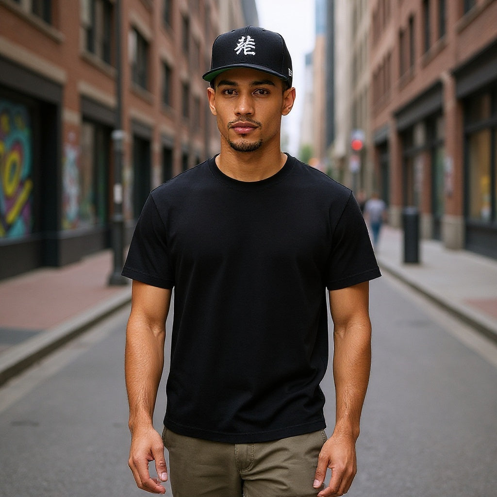Polyester/Cotton Blend Snapback Hat in urban street setting, casual outdoor wear, natural lighting