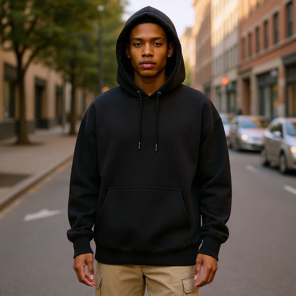 Oversized hoodie in urban street setting, casual everyday wear, natural lighting