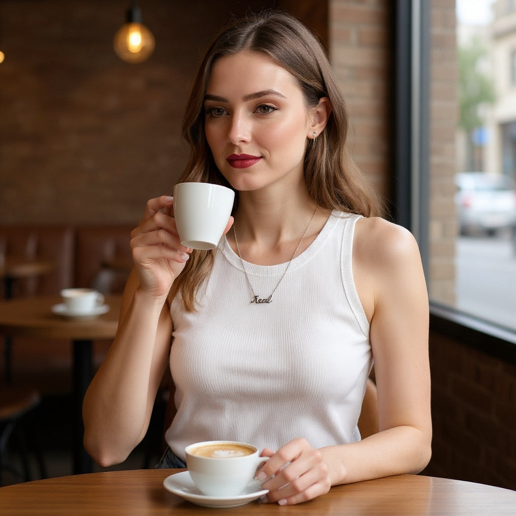 Sterling Silver Necklace – Personalized Name in a casual outfit setting, layering with other jewelry, natural lighting