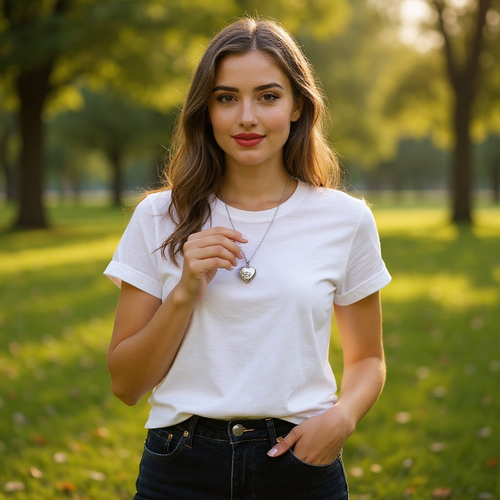 Sterling silver locket worn casually with everyday outfit, natural outdoor lighting