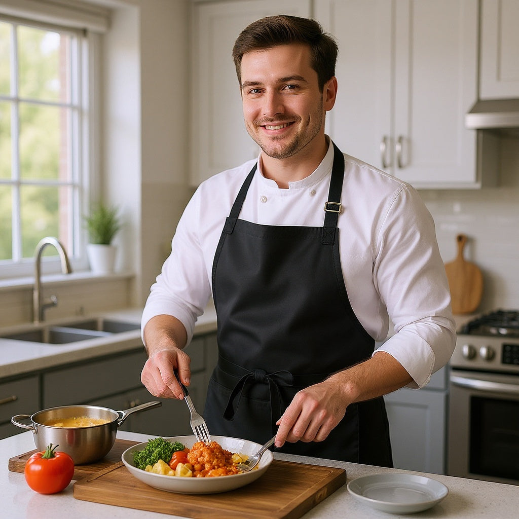 Cotton Chef Apron in a kitchen setting, used for cooking, natural lighting