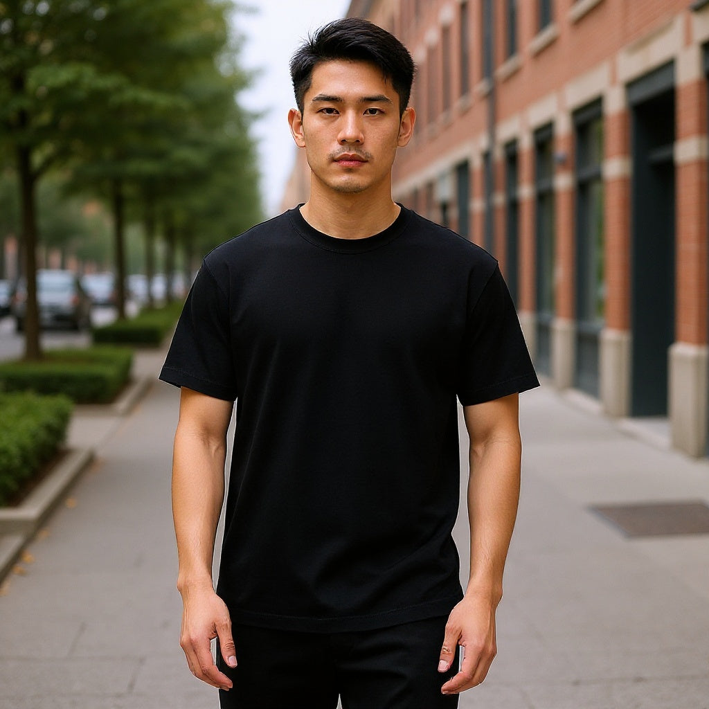 Black cotton t-shirt being worn casually with jeans in urban setting, daylight