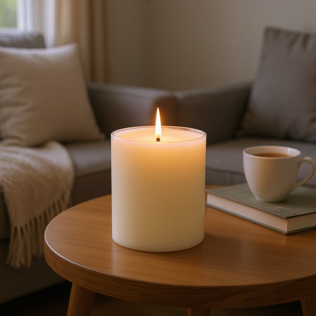 Soy Wax Custom Scented Candle in cozy living room, creating warm ambiance, natural lighting