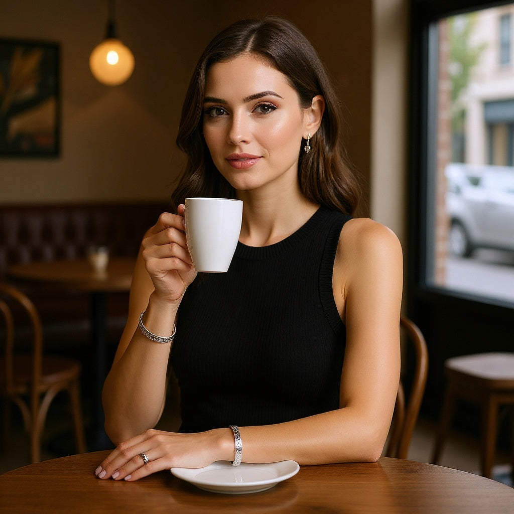 Sterling silver cuff bracelet in a minimalist outfit, natural lighting, showcasing everyday use