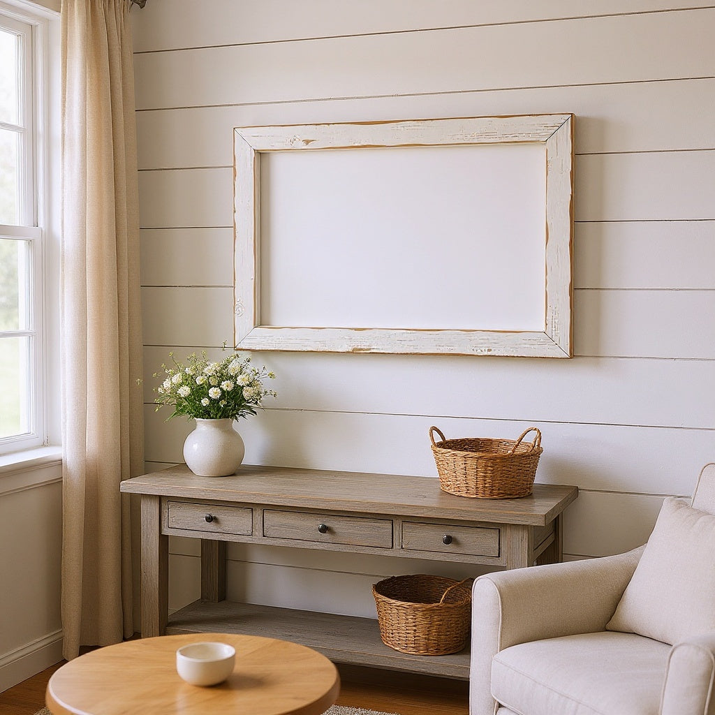 Customizable family name sign displayed in rustic farmhouse living room setting, natural lighting