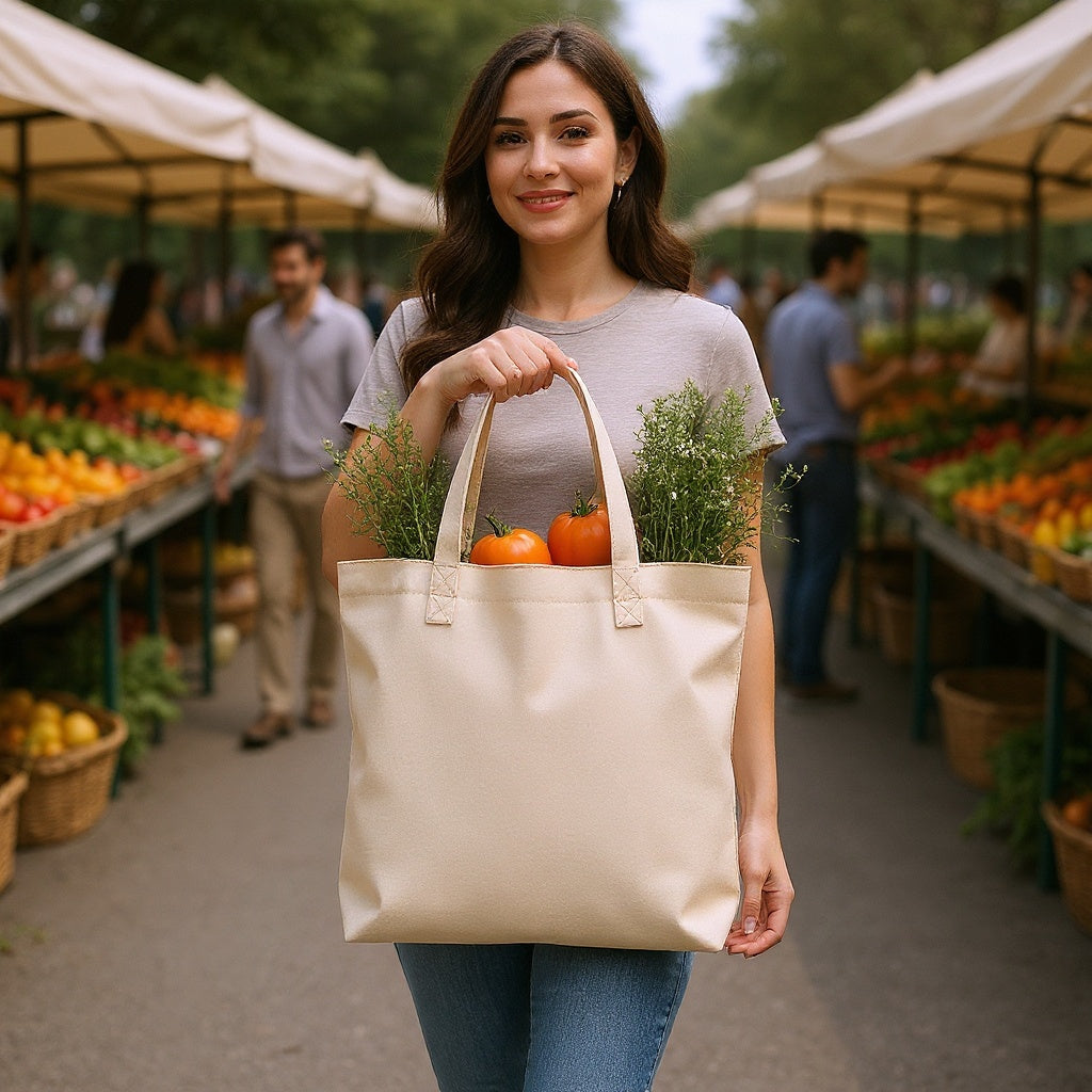 Canvas tote bag in park setting, carrying books and picnic items, natural lighting
