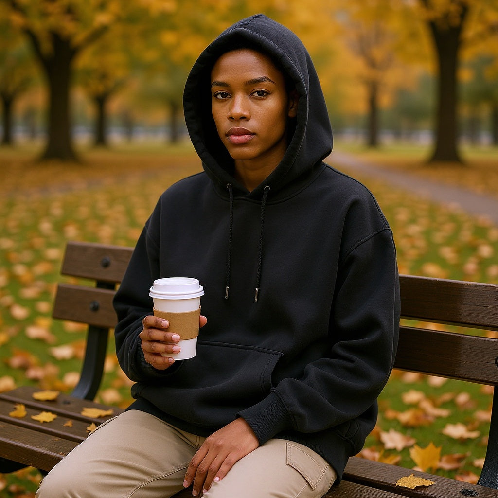 Black hoodie in cozy indoor setting, relaxed loungewear moment, editorial style