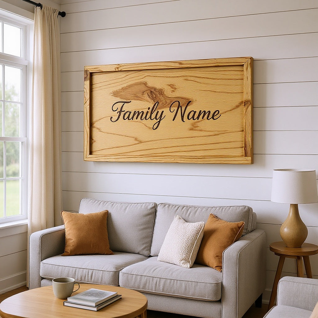 Wood Family Name Sign in a rustic bedroom, placed on a shelf, editorial style