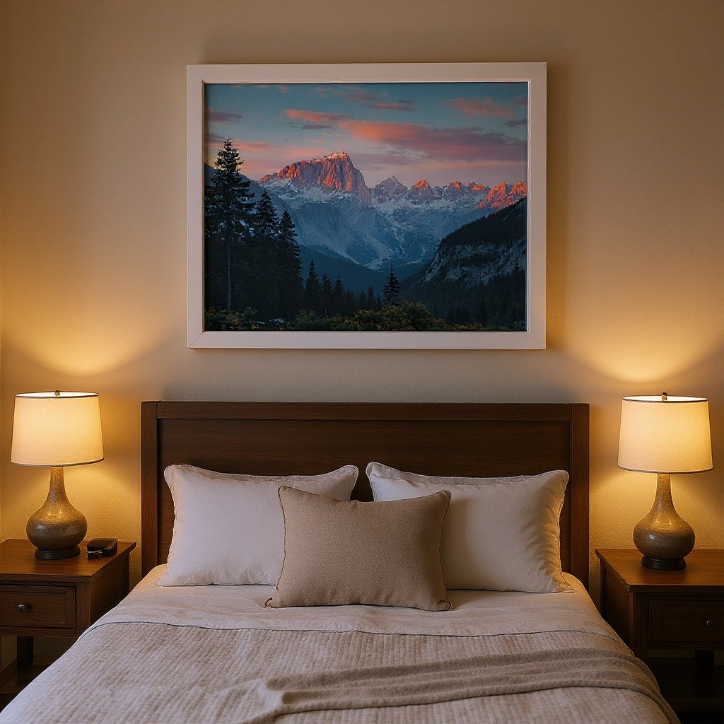 Gallery Wrapped Canvas Print in bedroom setting, displaying alternative color option, editorial style