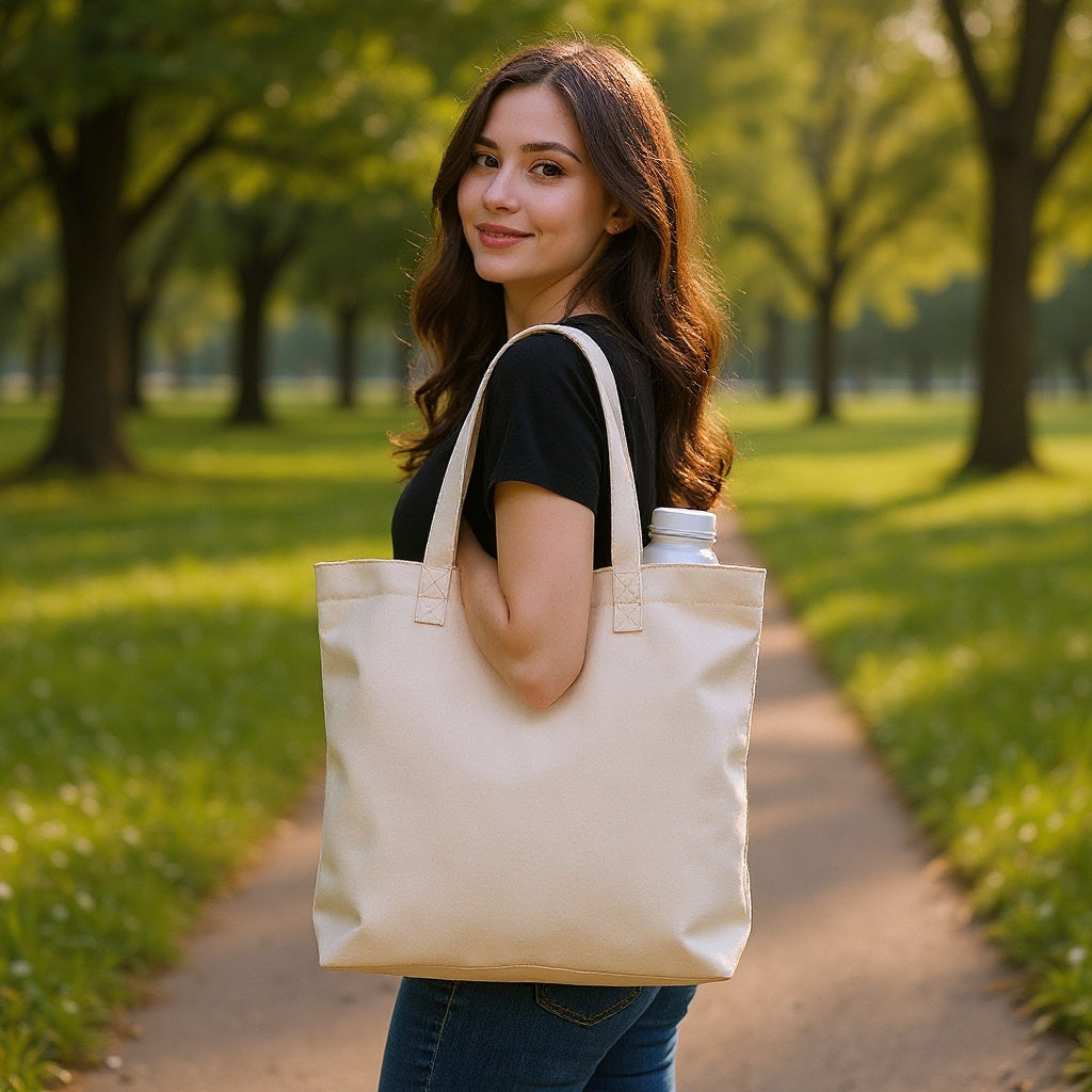 Canvas tote bag at farmers market, filled with fresh produce, lifestyle scene