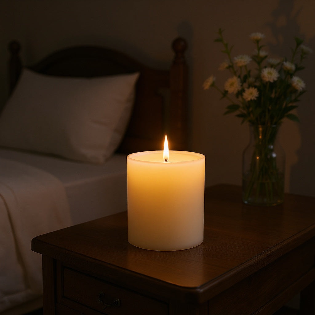 Soy Wax Custom Scented Candle on bedside table, enhancing relaxation, editorial style