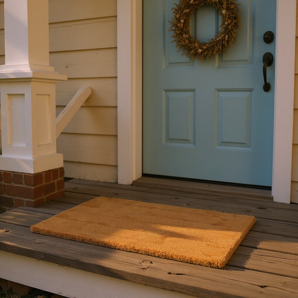 Coir Welcome Doormat on porch with potted plants, editorial style