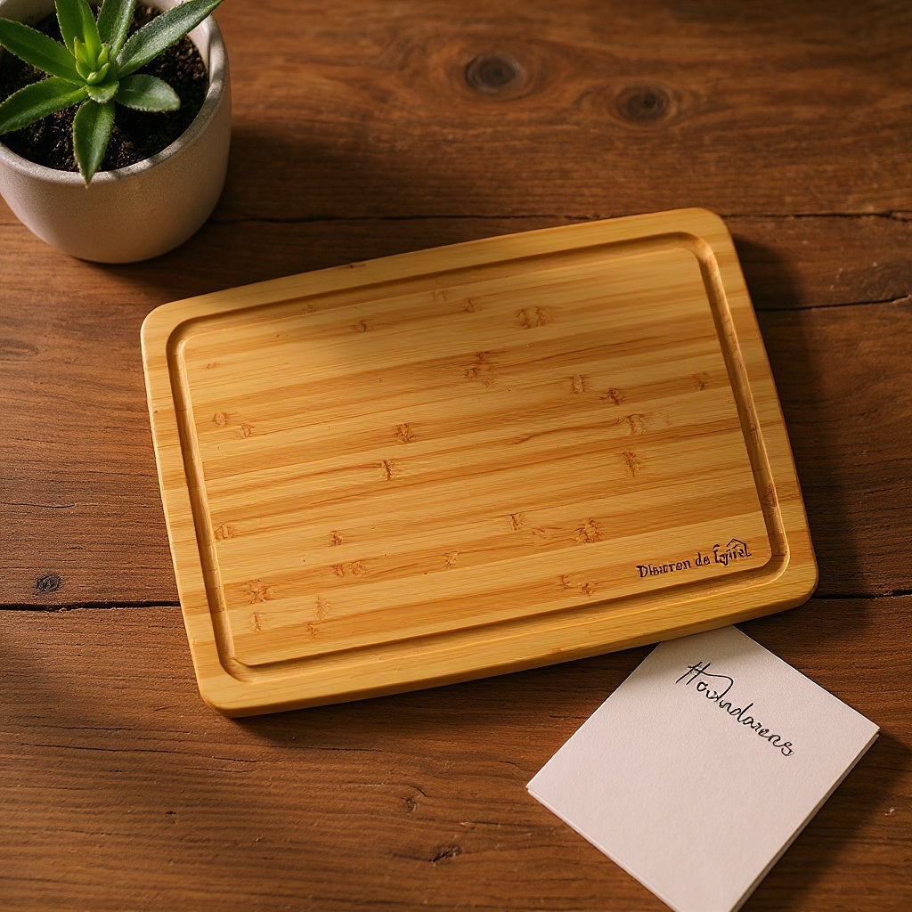 Bamboo Cutting Board on dining table, serving charcuterie, editorial style