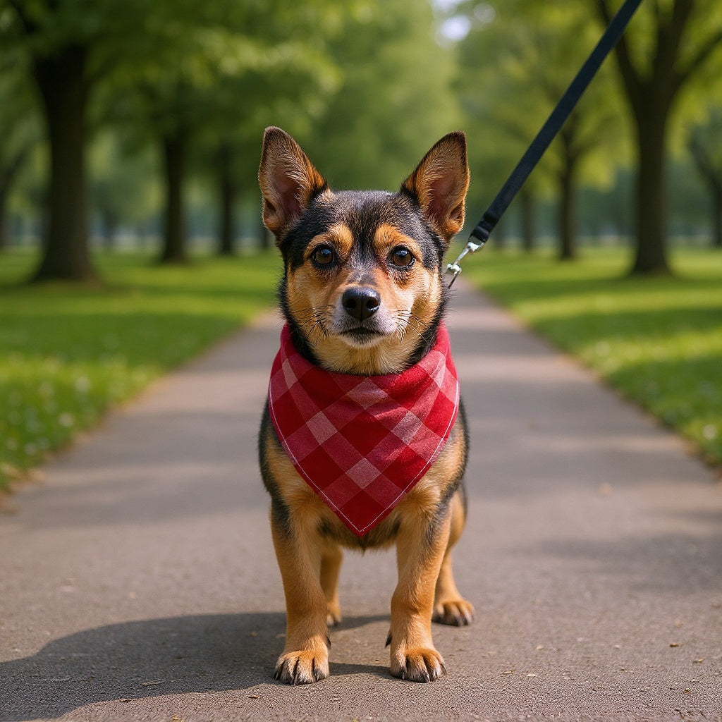 Soft Cotton Dog Bandana styled on a small dog during a cozy indoor photoshoot