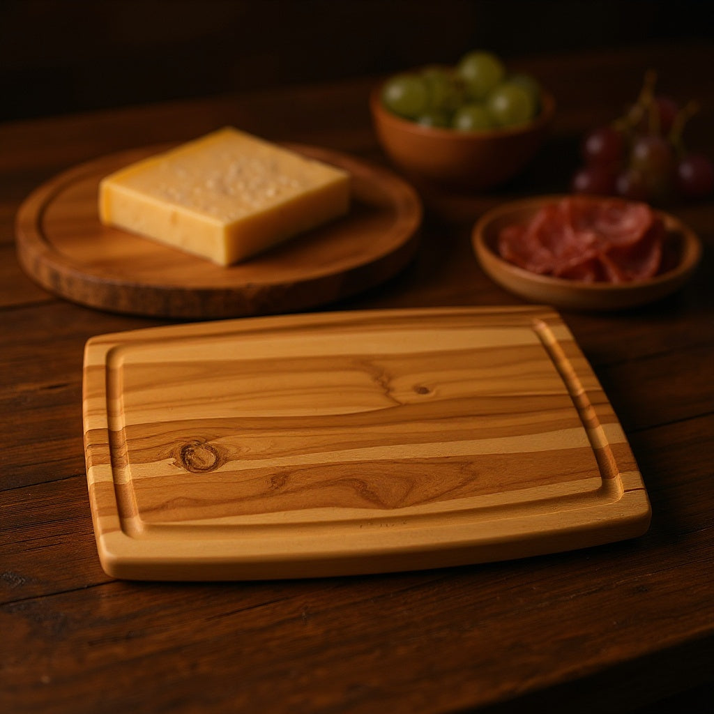 Maple wood cutting board as serving platter with cheese and fruits, editorial style