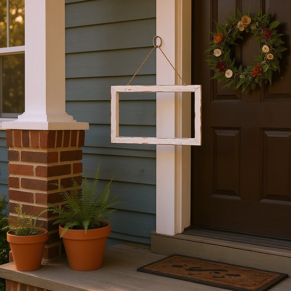 Personalized wooden name sign in cozy entryway environment, alternative styling with seasonal decor
