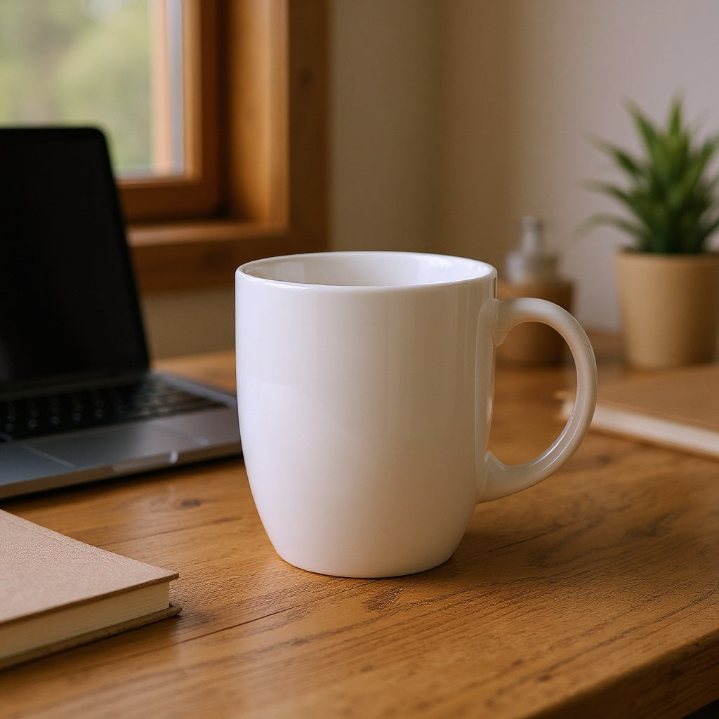 Ceramic Photo Mug on an office desk, holding pens, editorial style